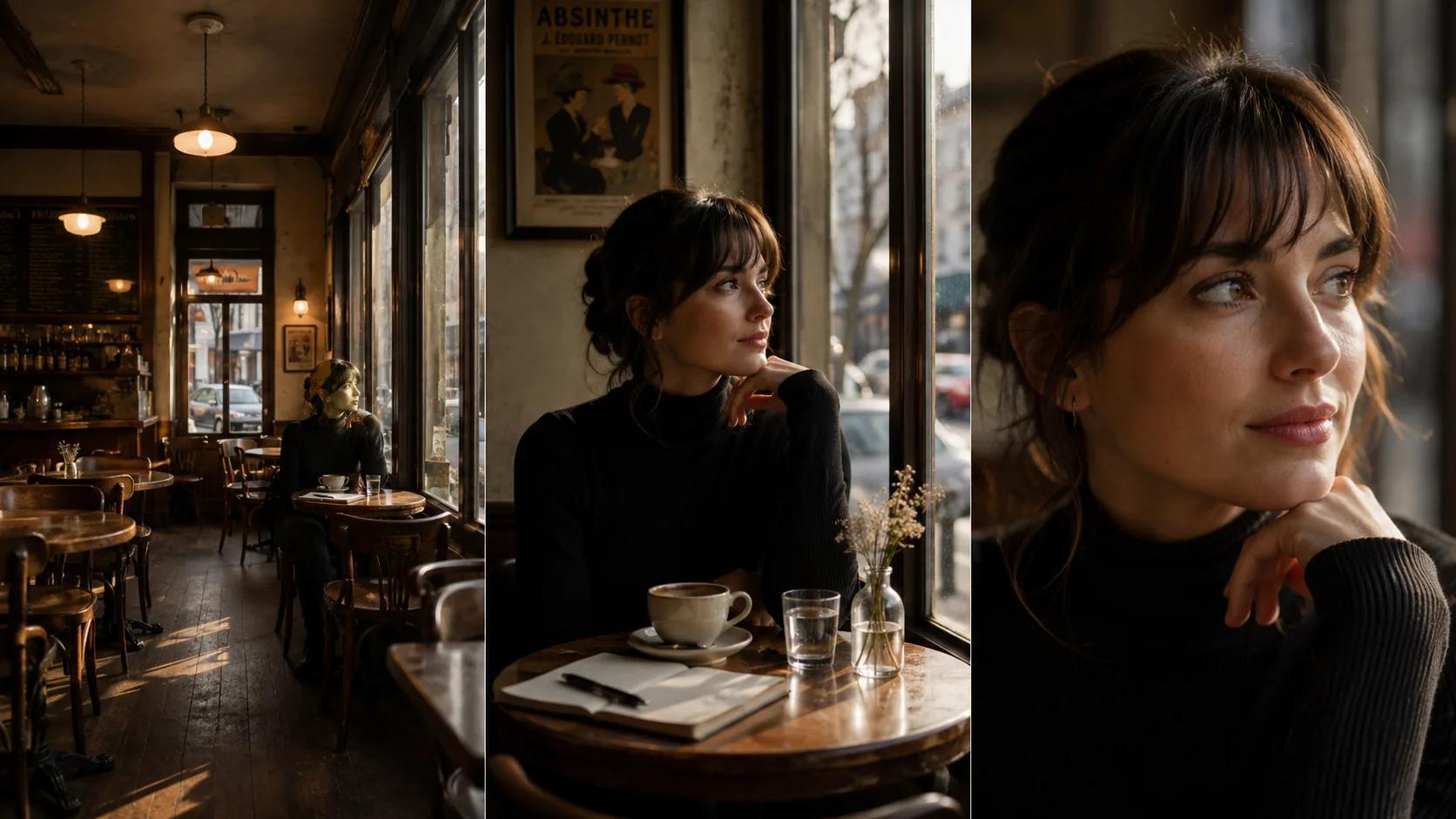 Side-by-side lens length comparison of the same cafe scene at 24mm, 50mm, and 85mm