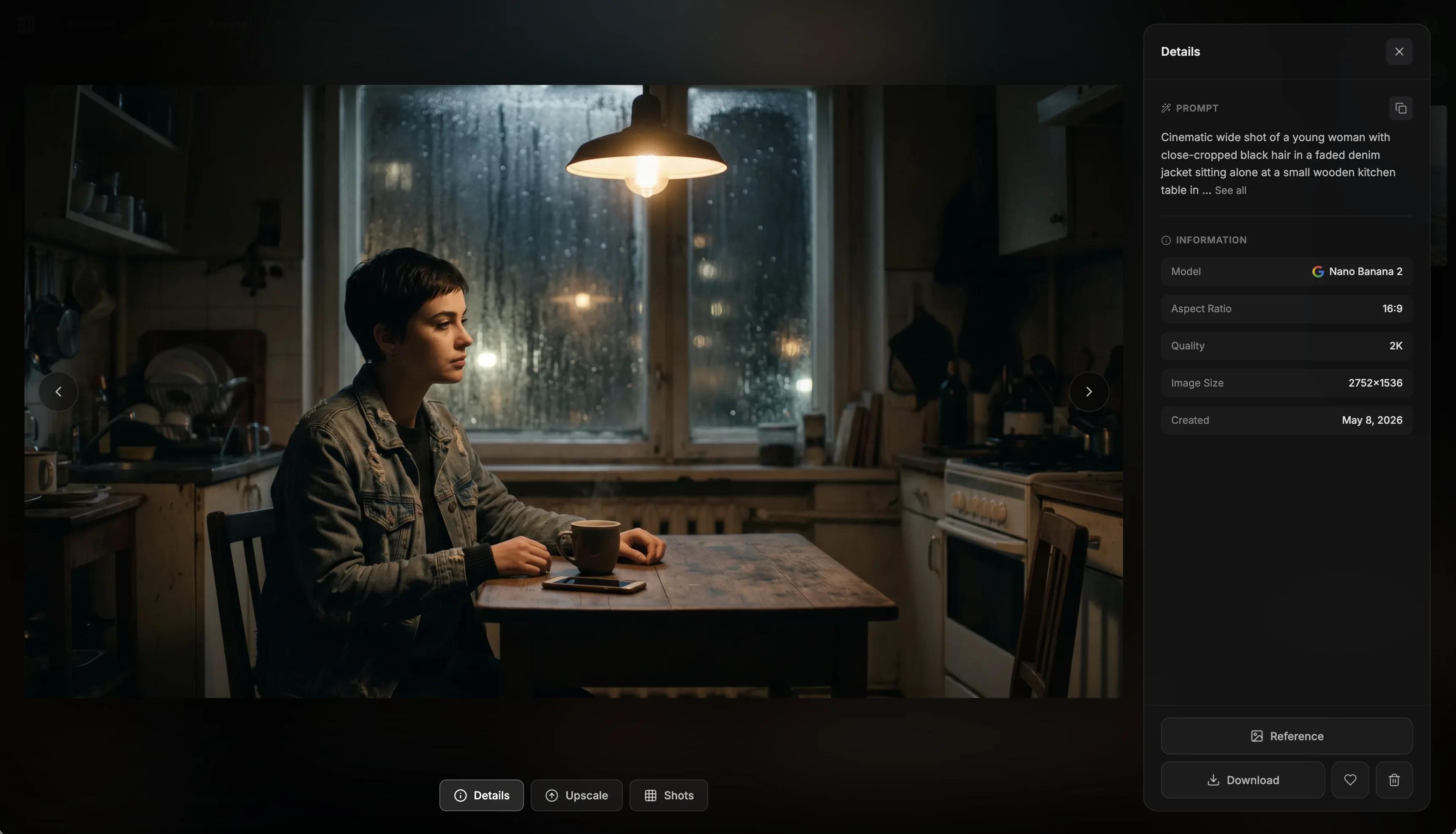 Cinematic still of a woman alone at a kitchen table at night in a dimly lit apartment.