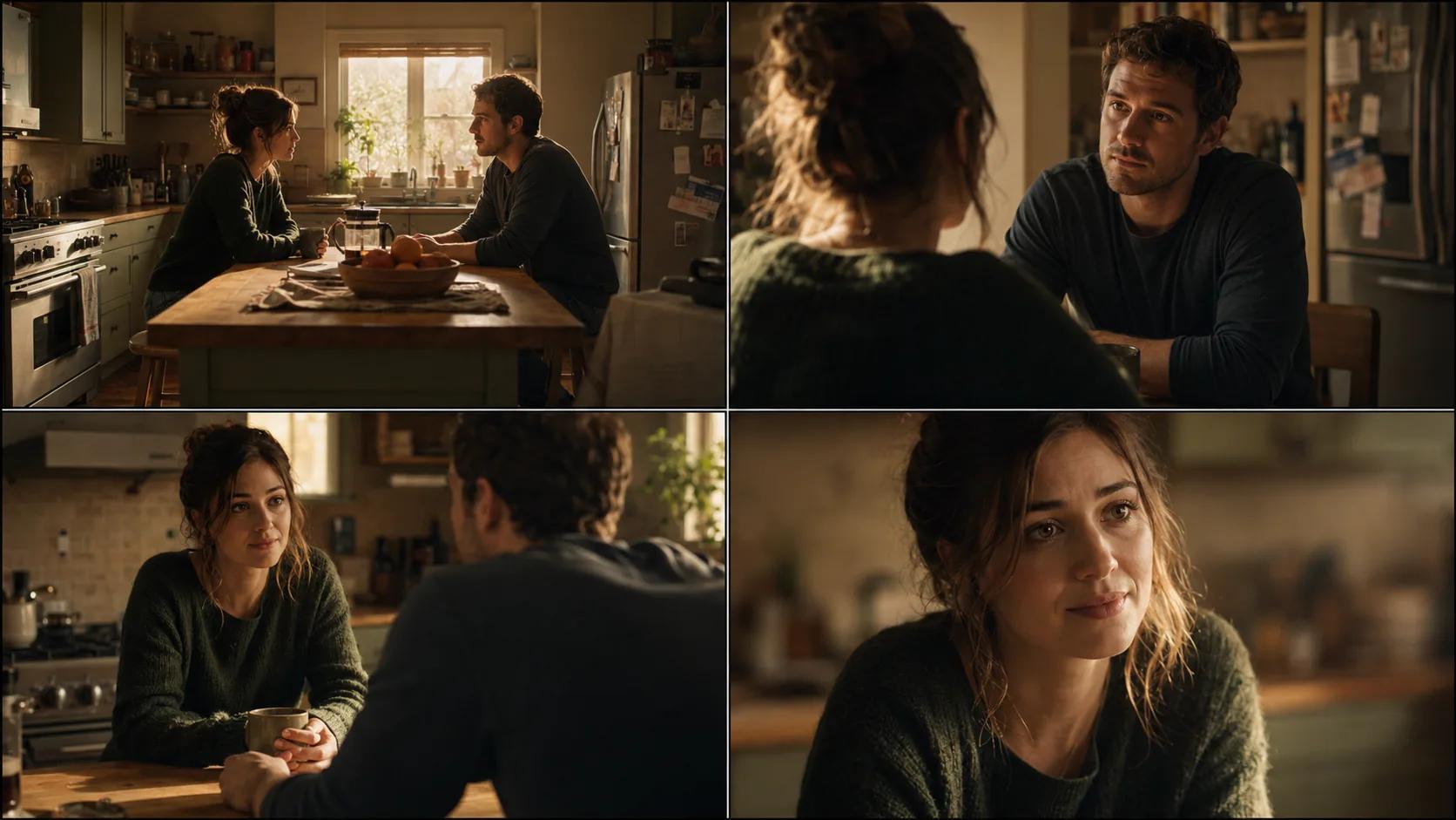 Four-panel grid of the same kitchen scene shot from different blocking angles