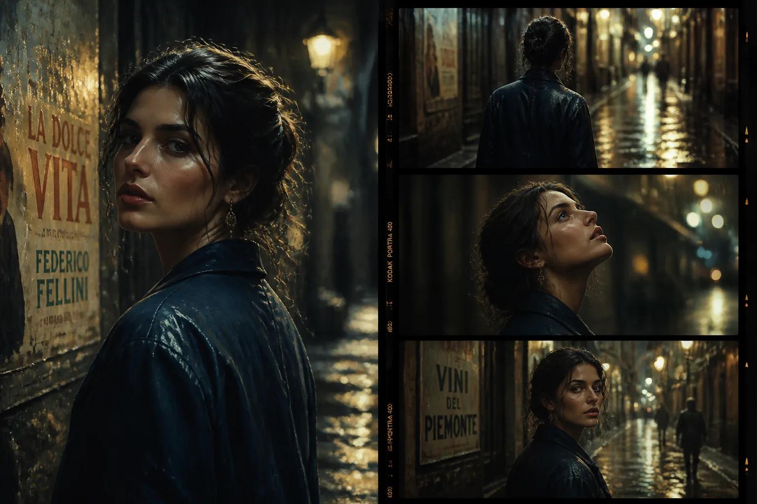 A single AI-generated portrait next to a sequence of consistent film frames showing the same character across three shots.