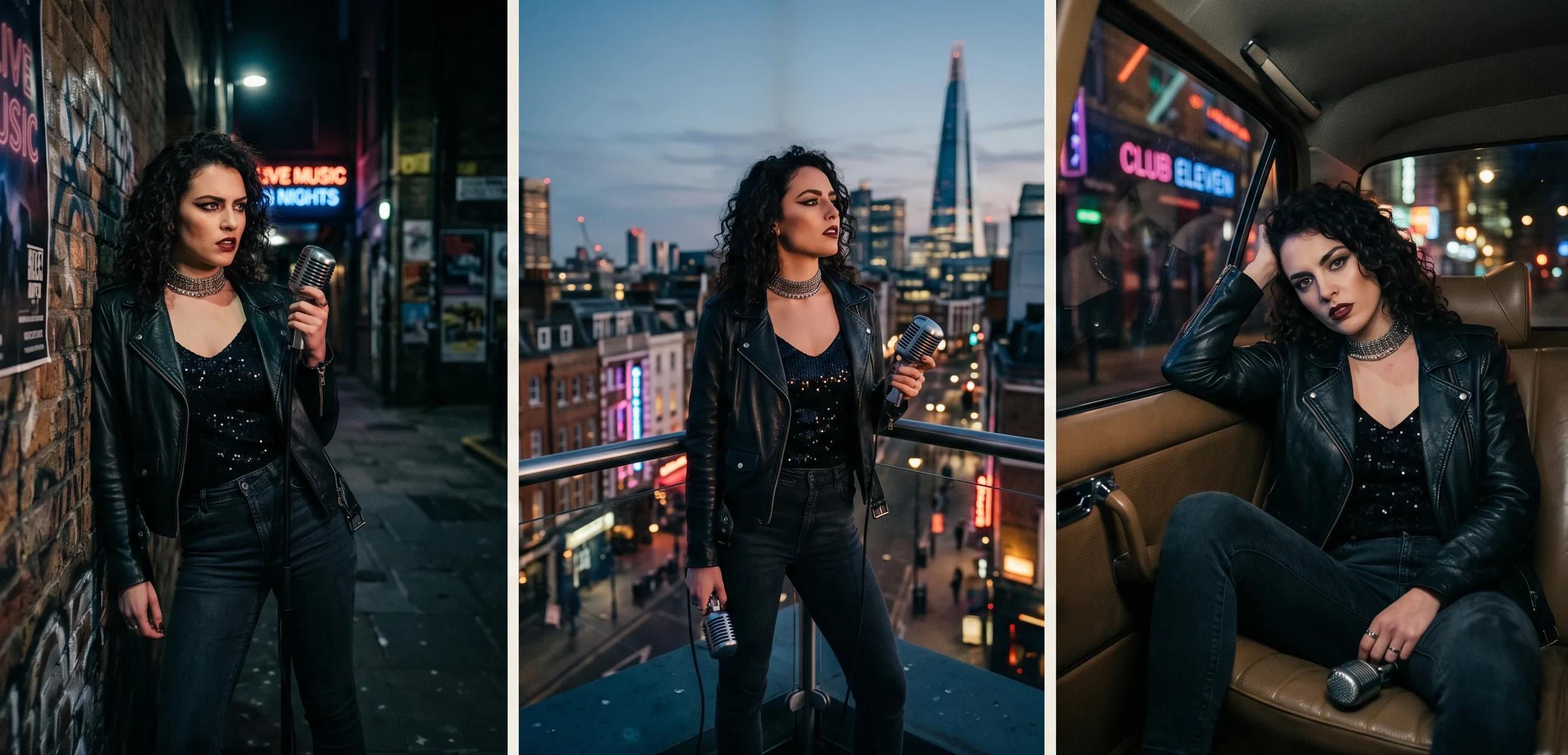 Storytella character consistency feature showing the same music video performer across three different scenes.