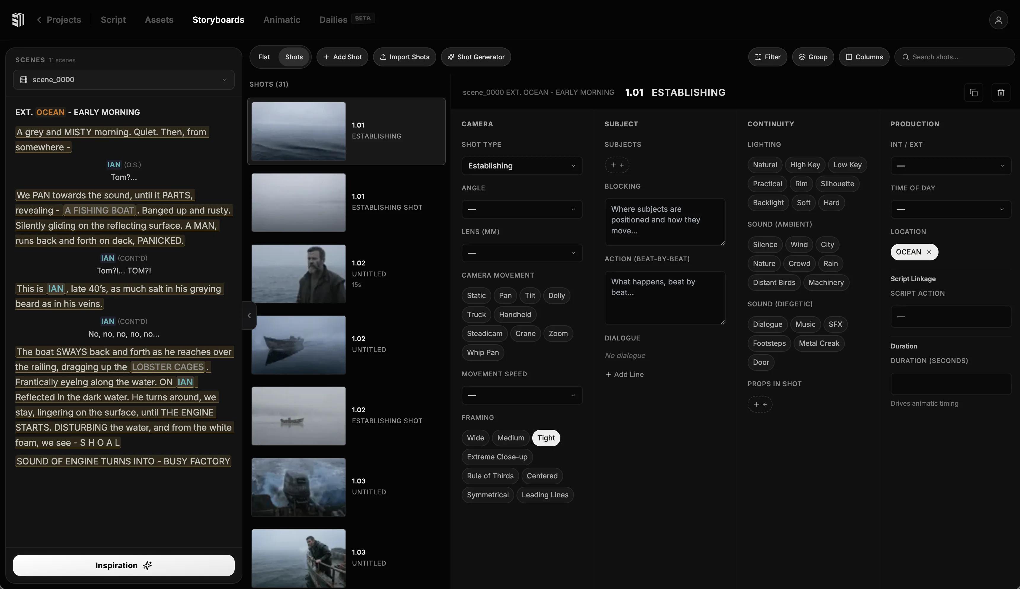 Storytella interface showing a script in one panel and a sequence of consistent character storyboard frames in another.