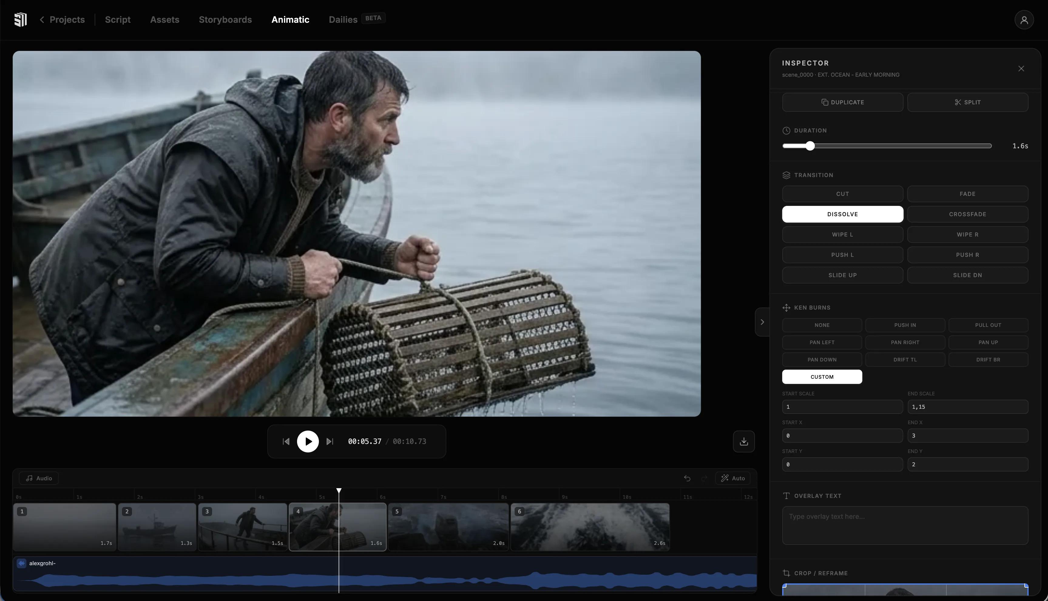 AI movie trailer timeline showing video, music, and sound design layers
