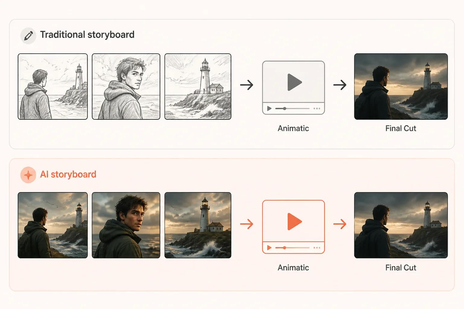 Comparison of a sketch storyboard pipeline and a cinematic AI storyboard pipeline feeding the same animatic and final cut