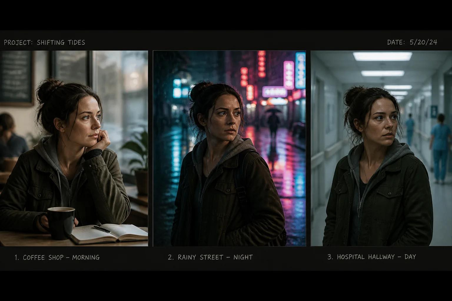 Three storyboard panels of the same protagonist across three different scenes showing consistent character appearance
