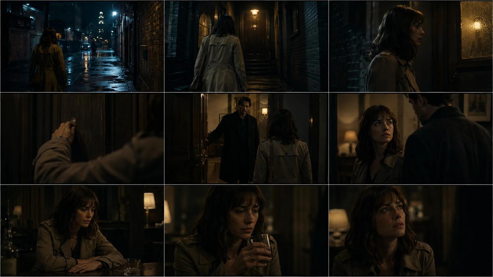 Nine-panel cinematic storyboard of a noir alley scene with consistent characters across every frame