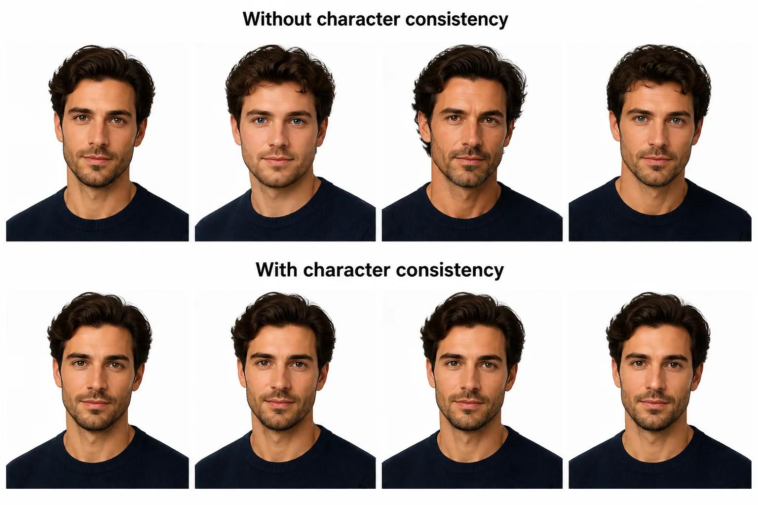 Comparison grid showing inconsistent AI character renders on top and consistent renders on the bottom.