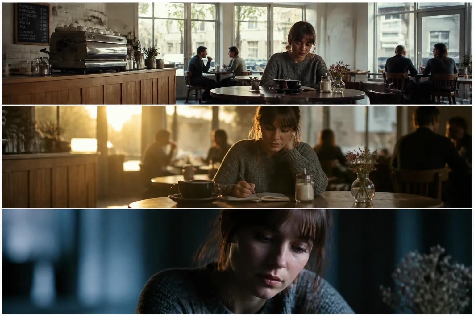 Three versions of the same café scene with different shot sizes, angles, and lighting