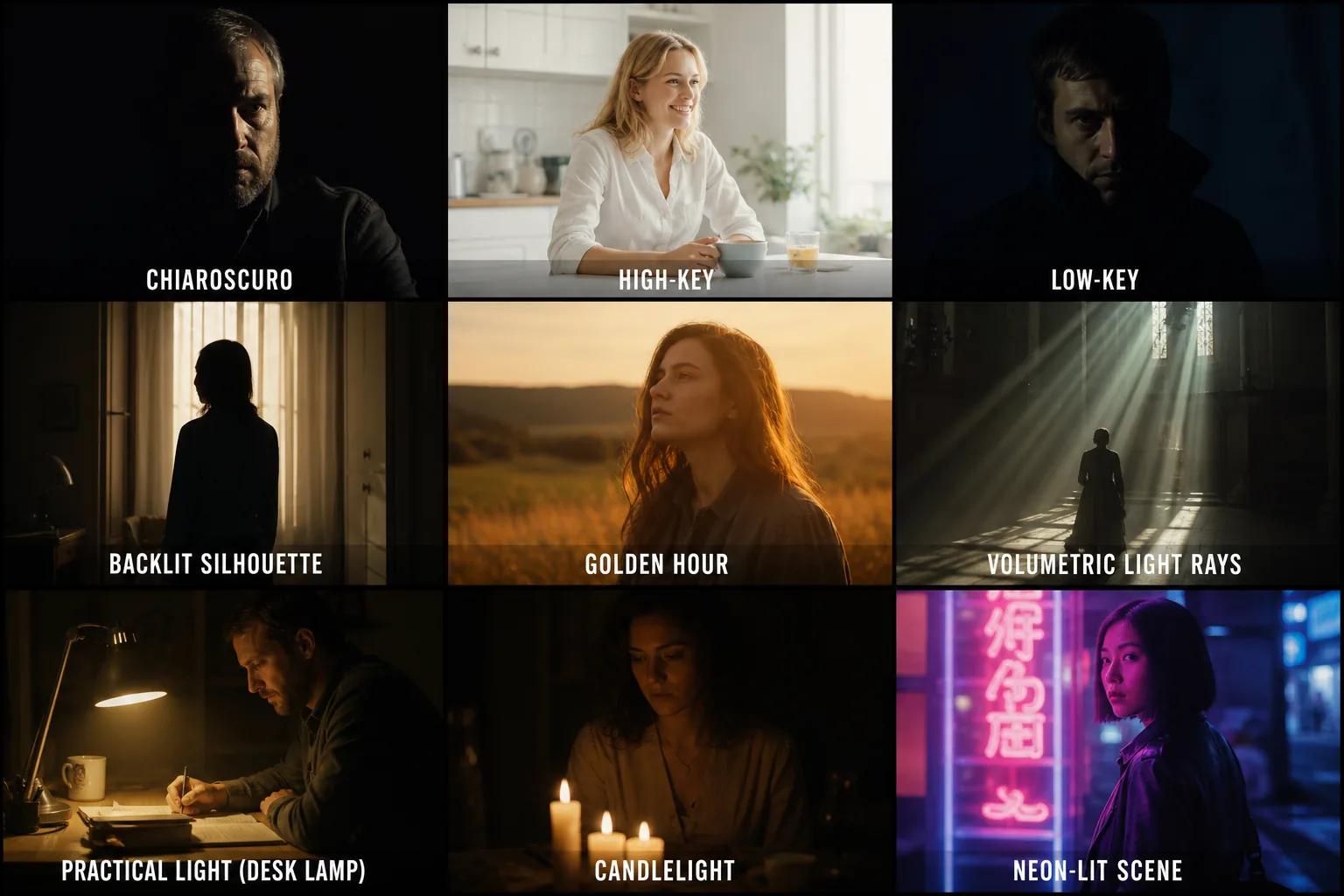 Grid showing nine cinematic lighting techniques from chiaroscuro to golden hour