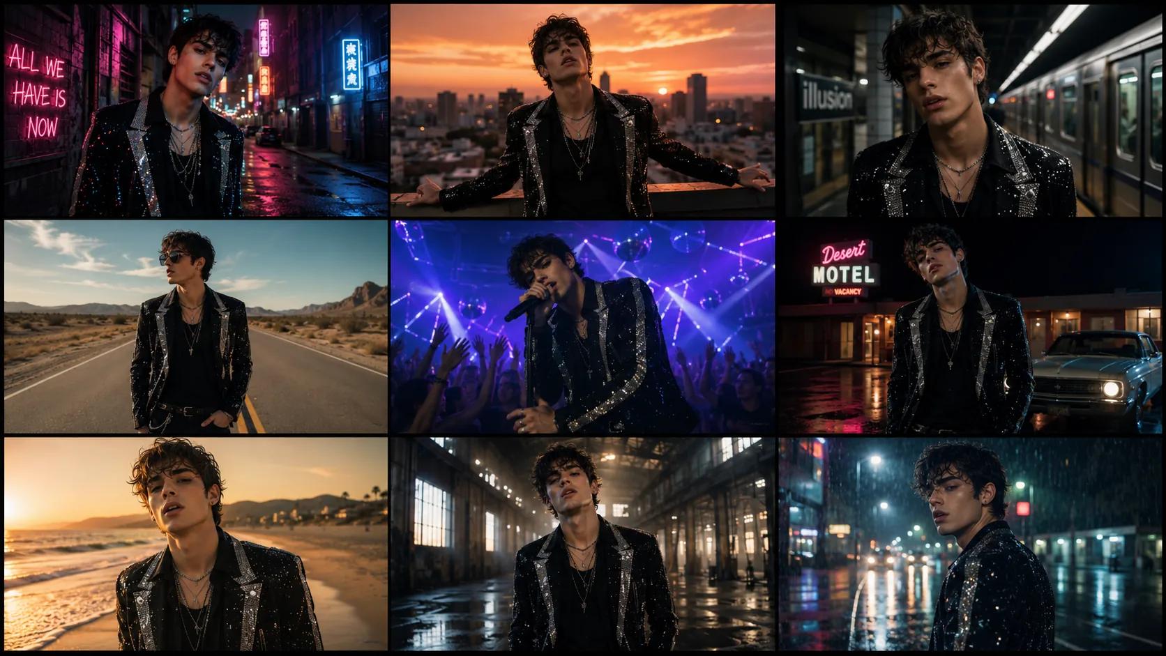 Grid of nine AI-generated music video frames showing a single performer across multiple locations in a consistent visual style.