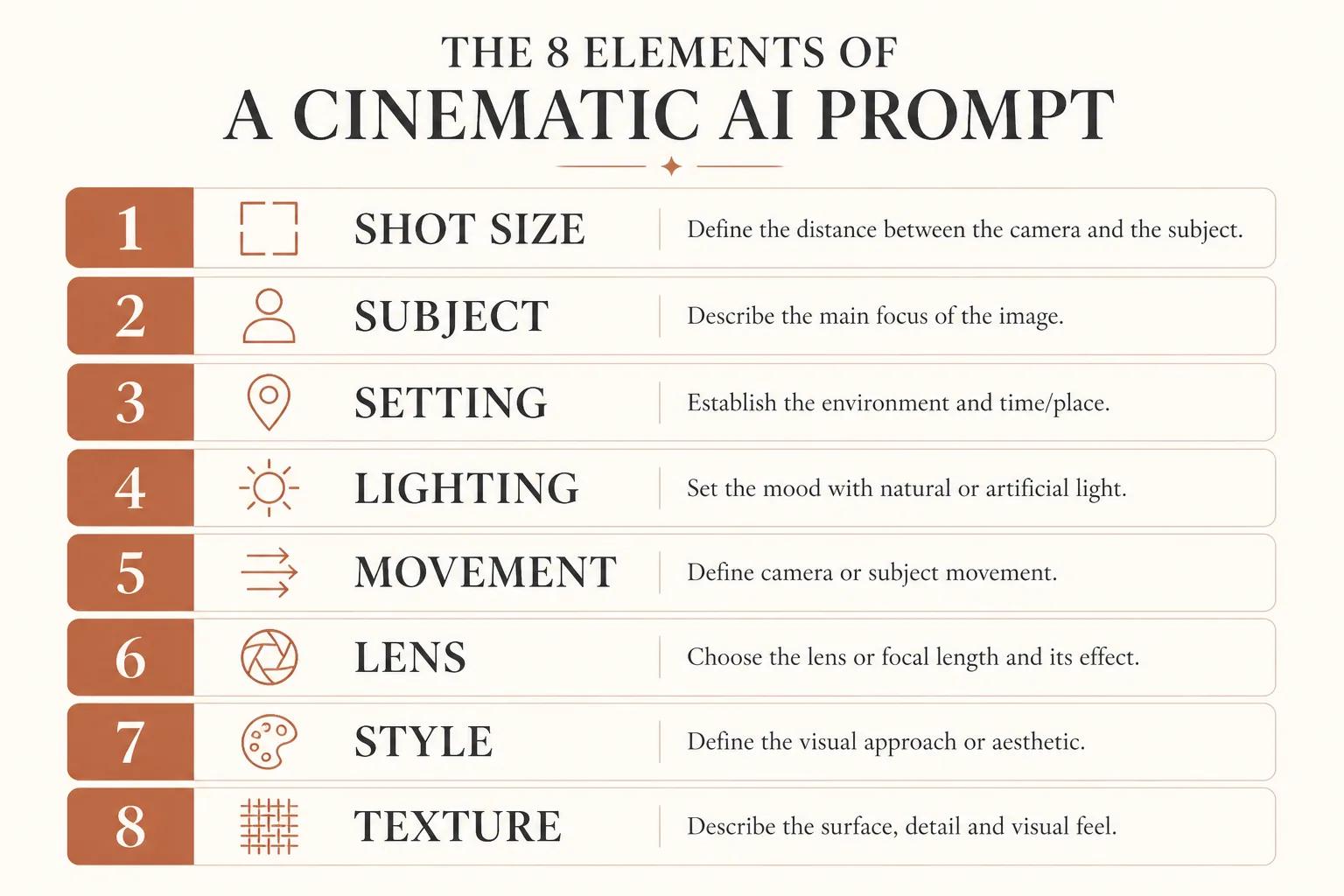 Infographic showing the eight components of a cinematic AI video prompt