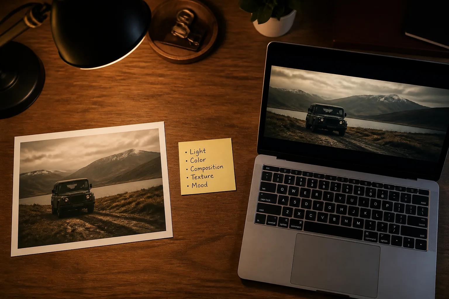 Desk with a reference photo, a written five-bullet style brief, and a matching AI-generated frame on a laptop screen.