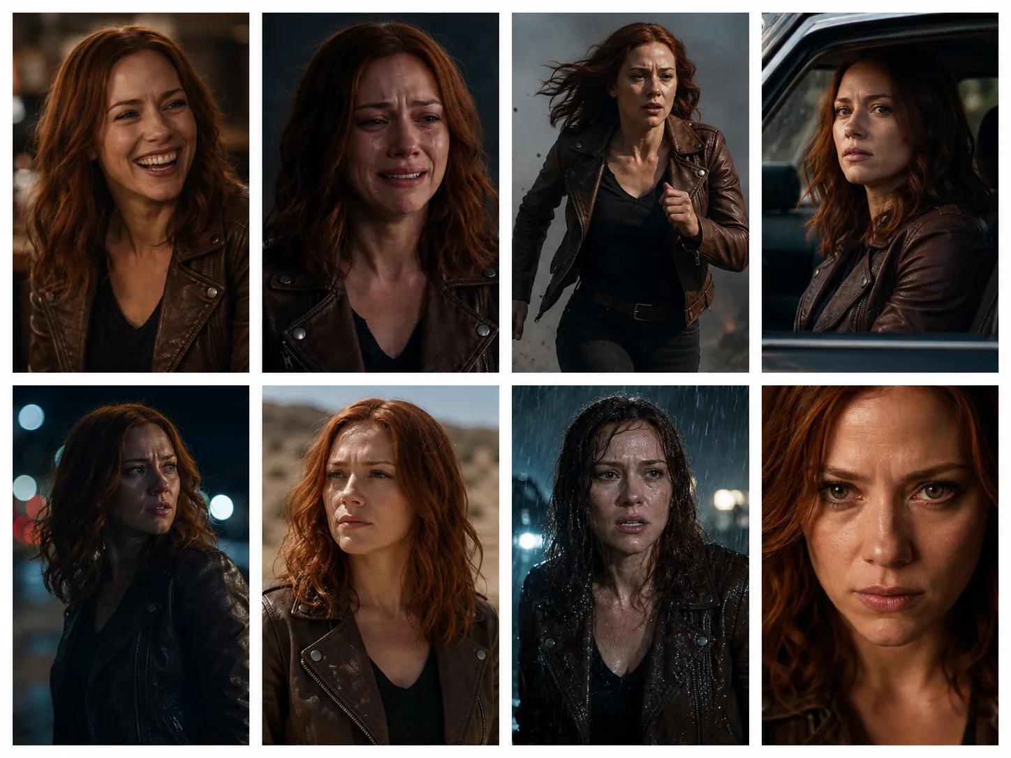Same character shown across eight scenes with consistent face, body, and wardrobe