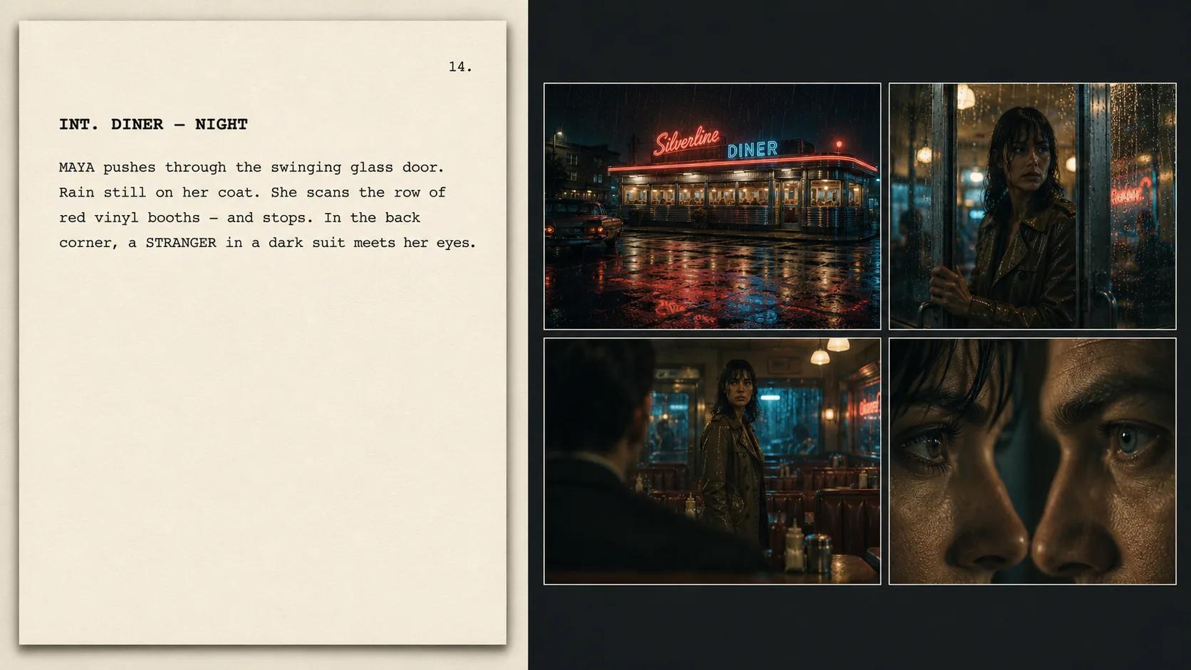 A diner scene from a script alongside the four storyboard frames AI generated from it