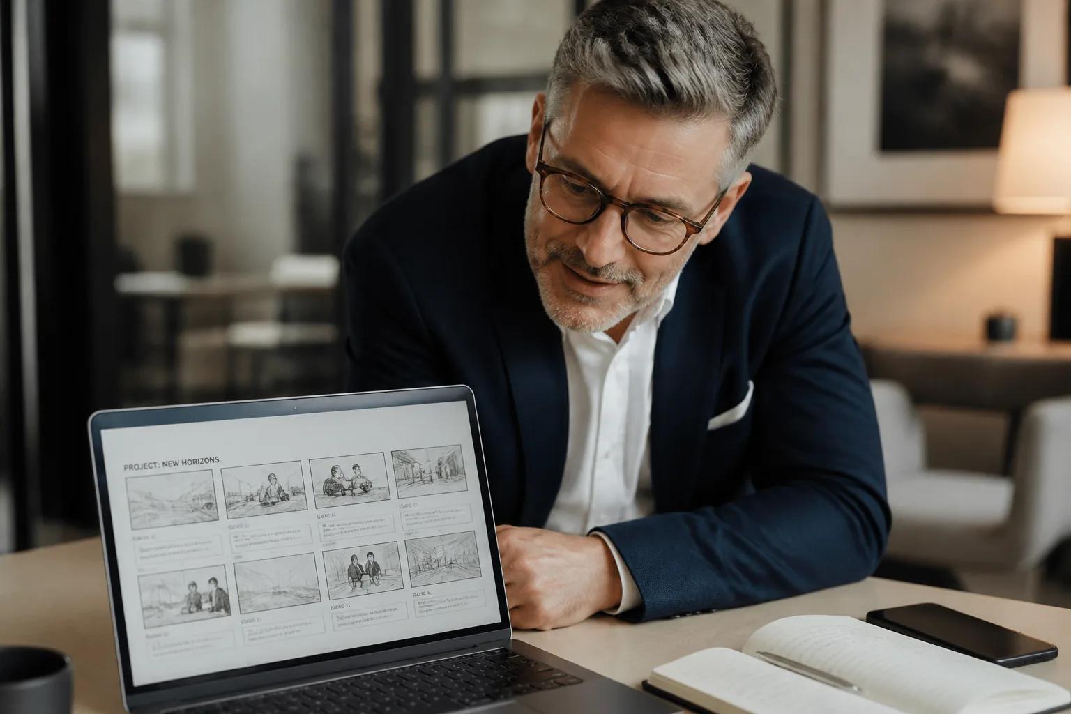 Client reviewing an AI-generated storyboard sequence on a laptop during a pitch meeting.