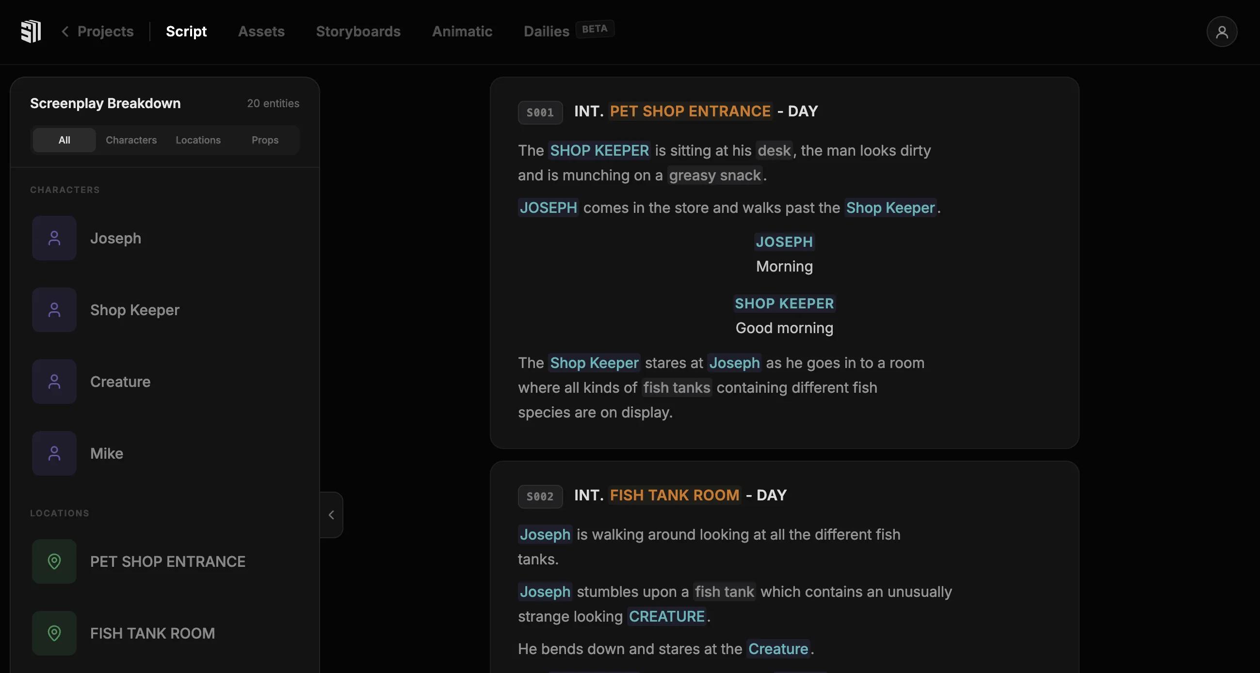 AI script breakdown interface showing color-coded scene elements including characters, locations, and props