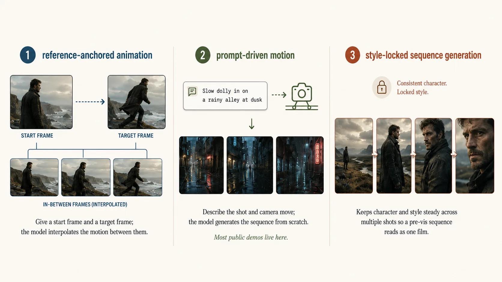 Diagram comparing reference-anchored, prompt-driven, and style-locked AI animation modes