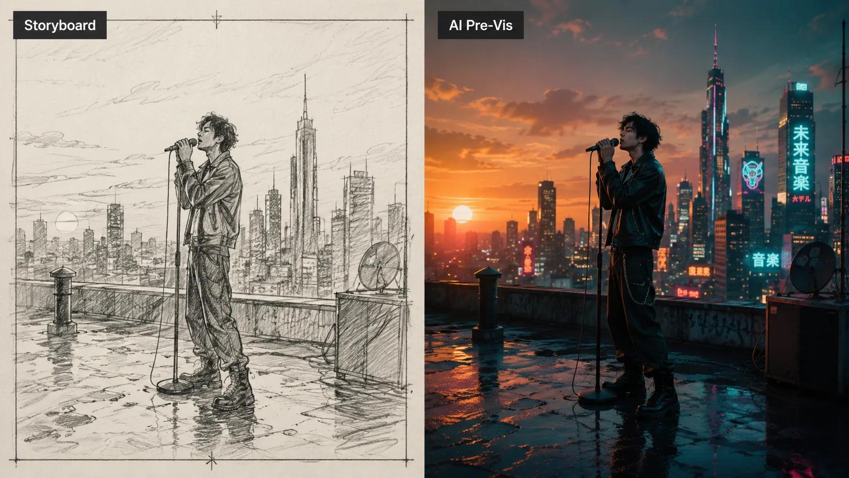 Side-by-side comparison of a hand-drawn music video storyboard and a cinematic AI-generated pre-vis frame.