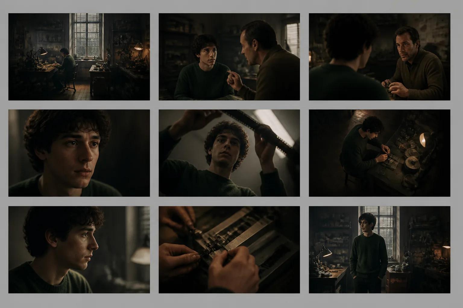 Cinematic storyboard contact sheet of consistent AI-generated film frames for one scene