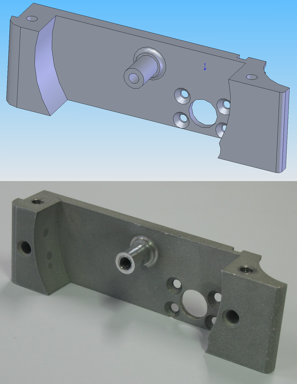 Side-by-side CAD representation and photograph of a CNC-machined metal component with several holes and a cylindrical protrusion.