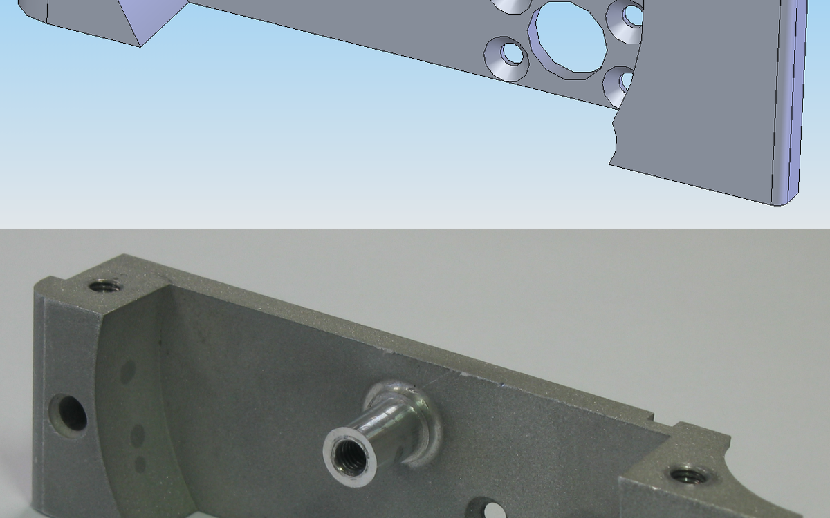 Side-by-side CAD representation and photograph of a CNC-machined metal component with several holes and a cylindrical protrusion.
