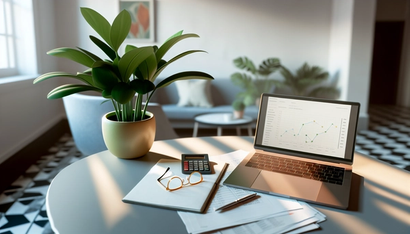 A laptop with a picture of a line graph on a round table with paper, pen, calculator, glasses and a plant
