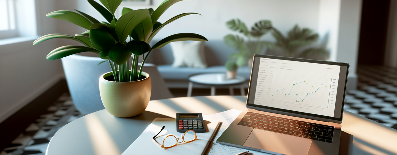 A laptop with a picture of a line graph on a round table with paper, pen, calculator, glasses and a plant