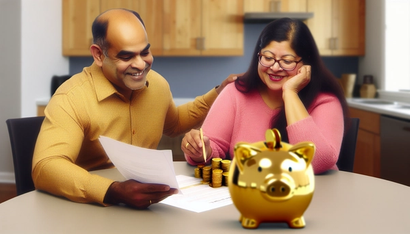 A couple sitting at a kitchen table in front of a gold piggy bank and coins while reviewing papers