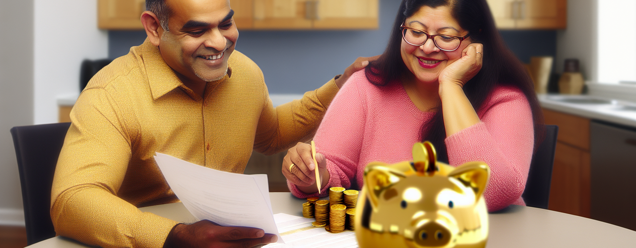 A couple reviewing documents with a pile of gold coins and a piggy bank on the table