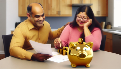 A couple reviewing documents with a pile of gold coins and a piggy bank on the table