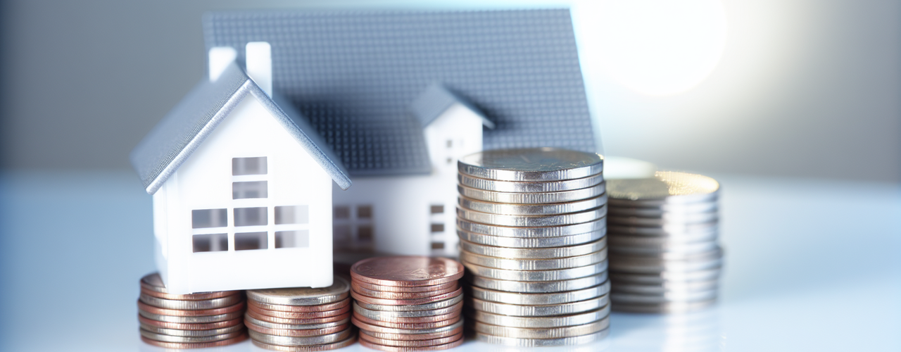 A white model house on top of a steady stack of coins