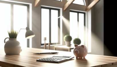 A piggy bank and calculator on a wooden desk in a room with bright windows