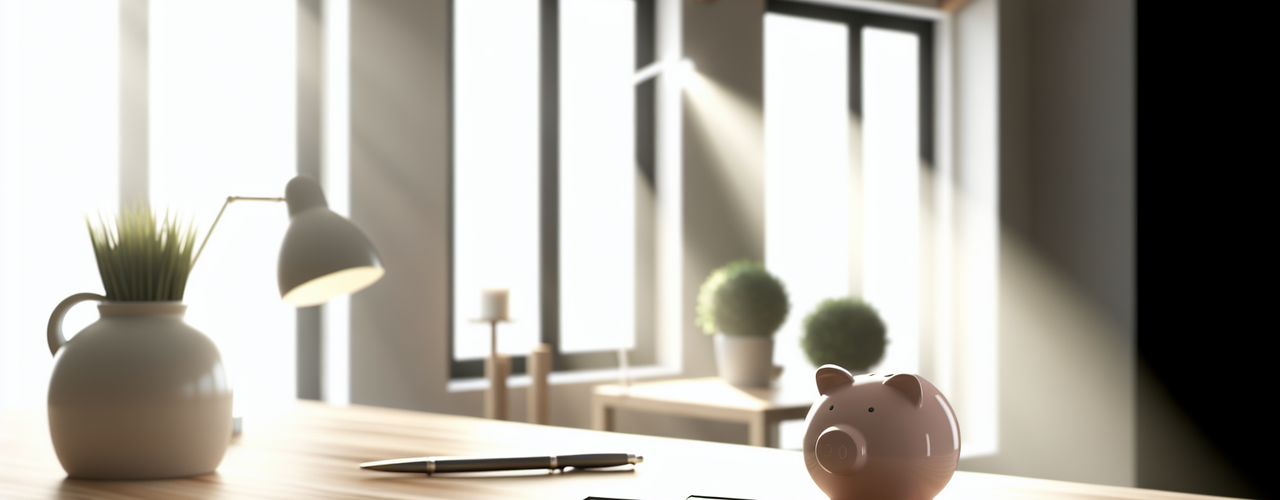 A piggy bank and calculator on a wooden desk in a room with bright windows