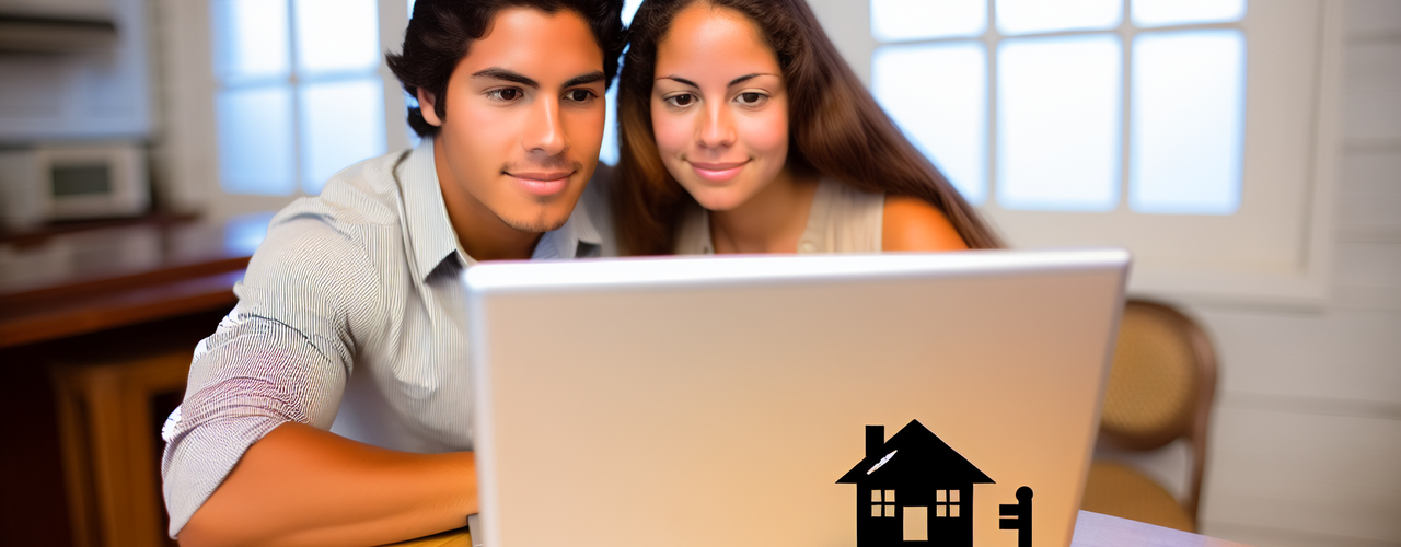 A man and a woman sitting at a kitchen table shoulder-to-shoulder and looking at a computer screen. An image of a model house and key sits in front of their laptop.