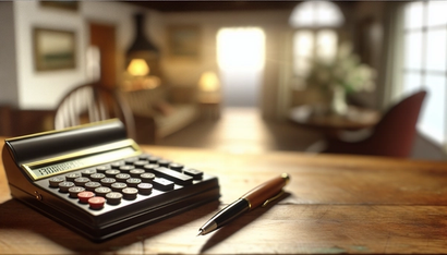 A calculator and pen on a wood desk