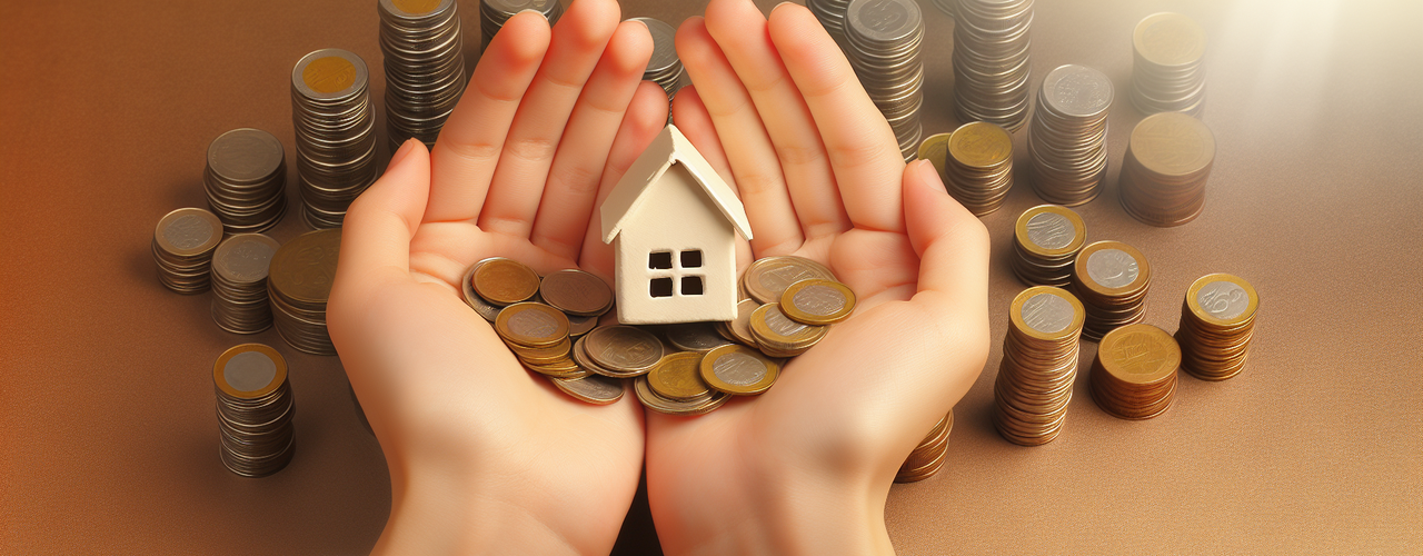 A pair of hands cupping a handful of coins and a tiny house figure. Stacks of coins also lay on a table.