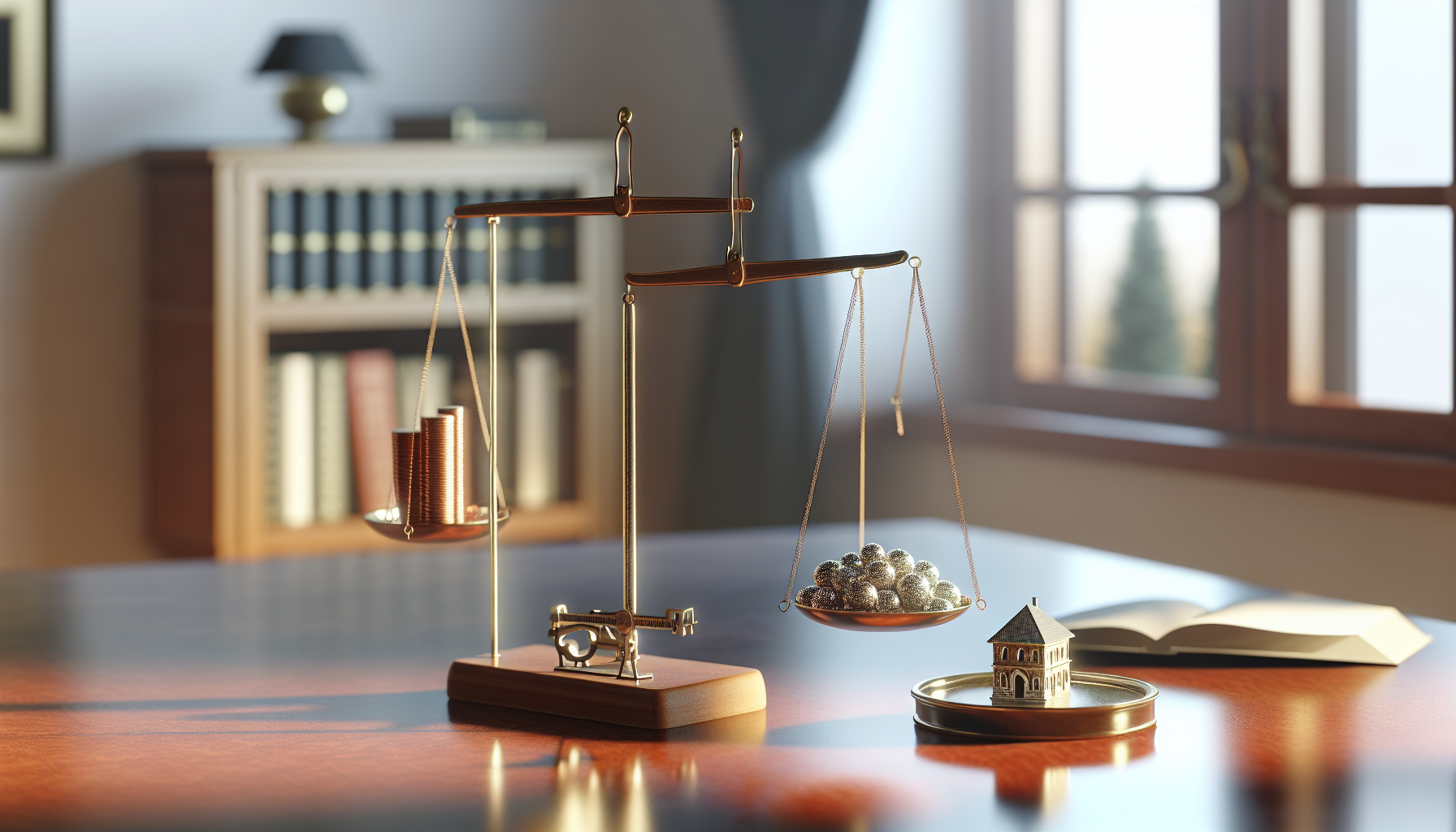 A balancing scale with metal balls on one sire and gold coins on the other