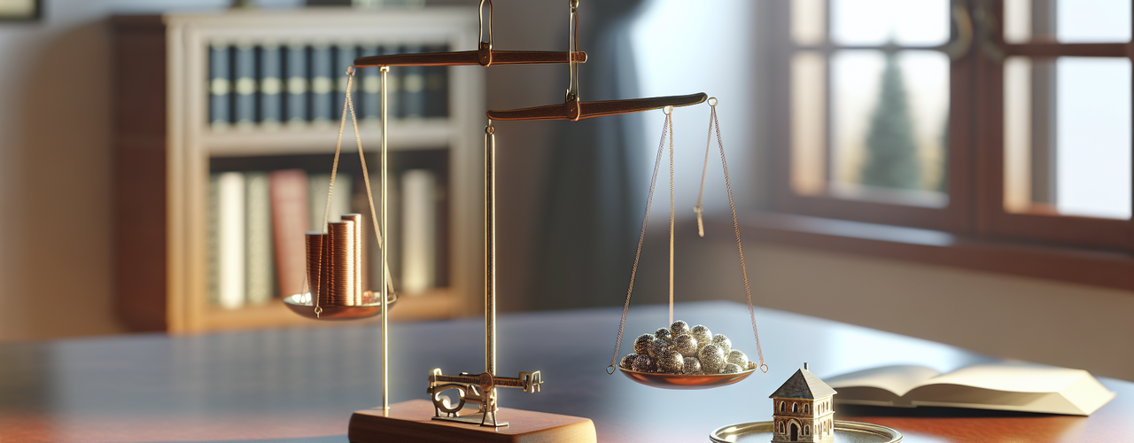 A balancing scale with metal balls on one sire and gold coins on the other