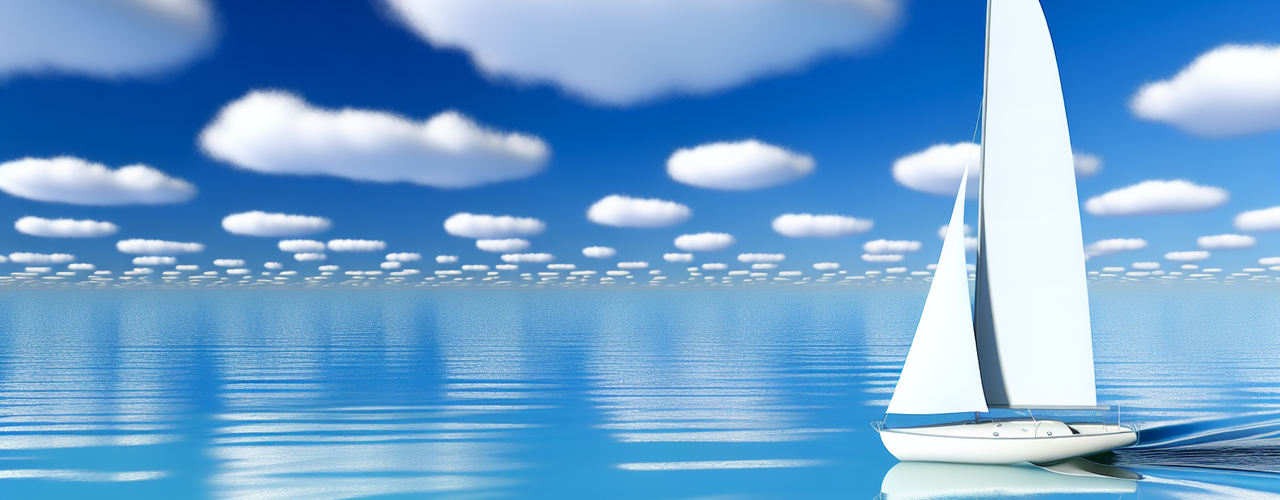 A white sailboat in a blue stream under a blue sky