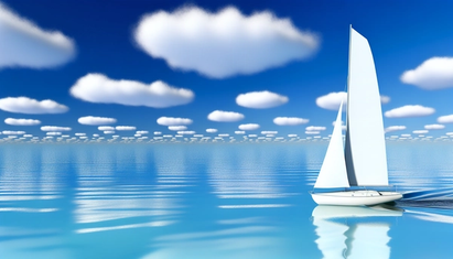 A white sailboat in a blue stream under a blue sky