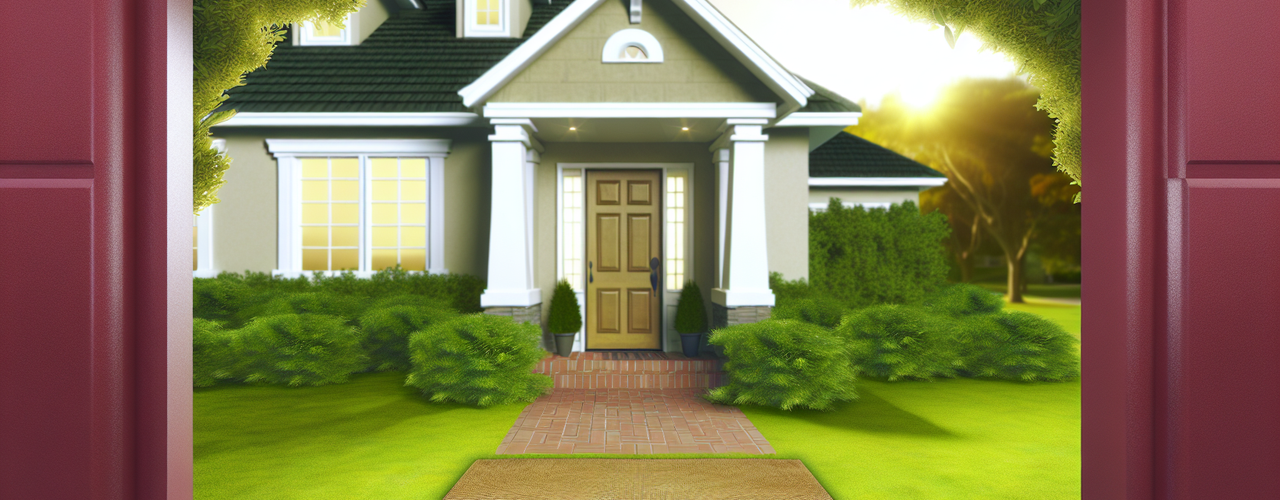 An illustrated image of a white house with a welcome mat on the grass