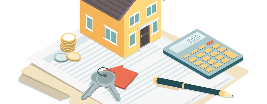 Image of a house on a folder next to coins keys a pen and a calculator 