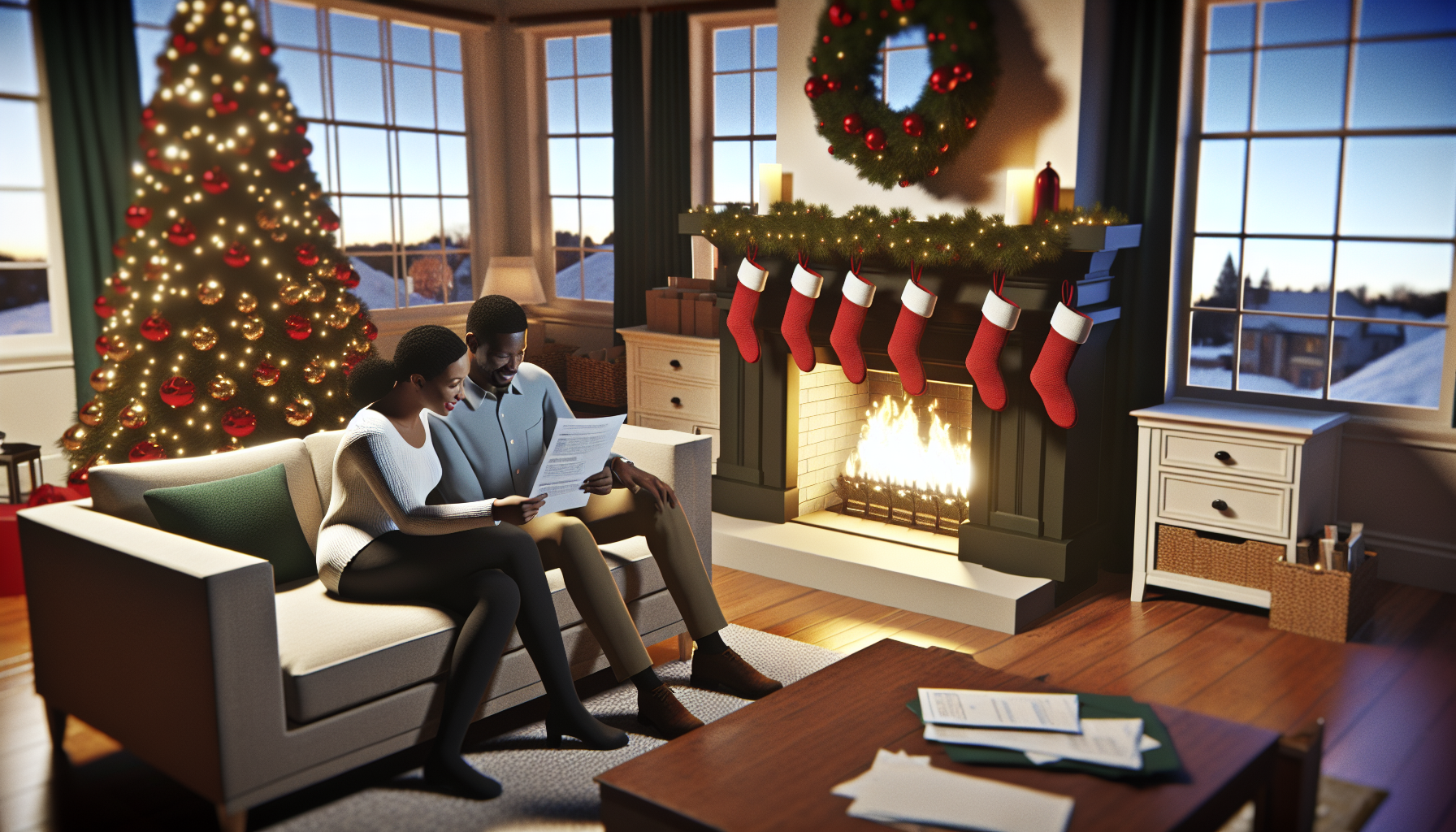 A couple sitting on the couch holding papers together while sitting in front of a Christmas tree and mantle with stockings and a fire