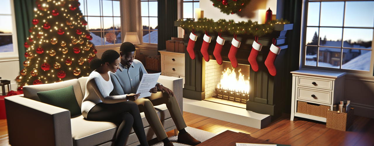 A couple sitting on the couch holding papers together while sitting in front of a Christmas tree and mantle with stockings and a fire