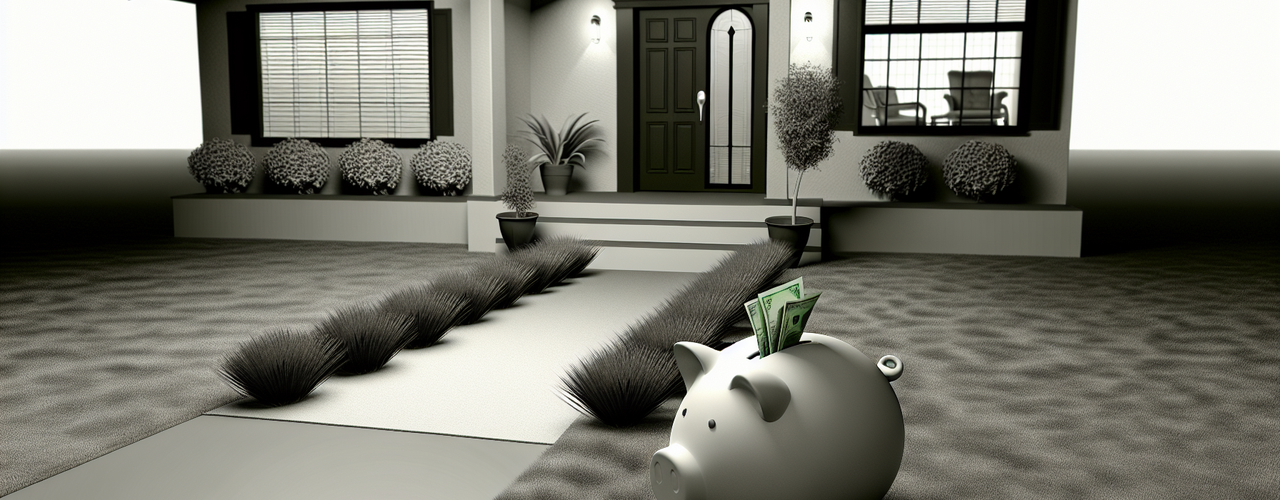 A piggy bank with cash coming out of the slot on top, placed in the front yard of a house