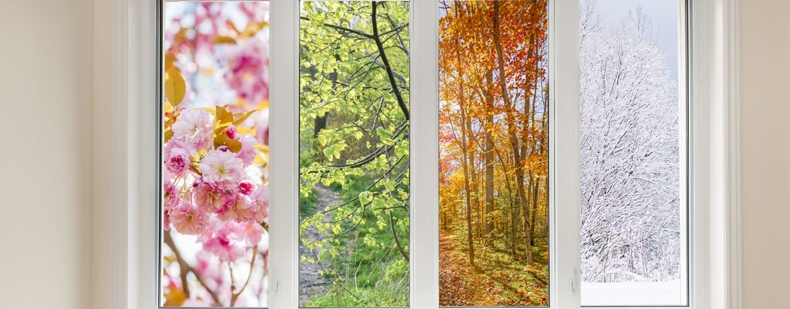 A window with four panes; each looking out to a different season