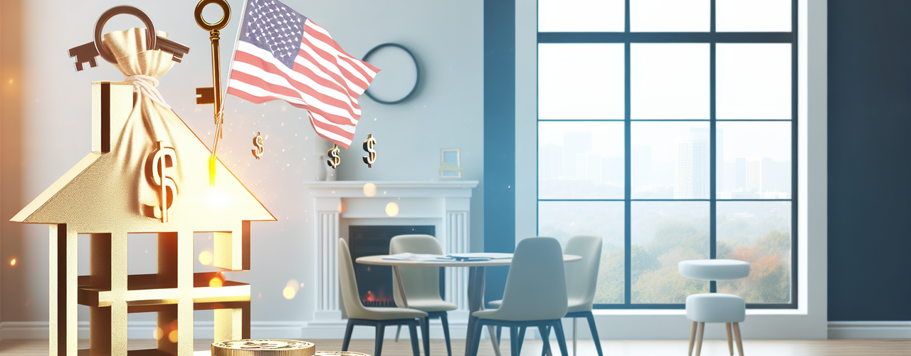 A statue of a golden house with an American flag sticking out of it and a stack of gold coins, all placed in a living room