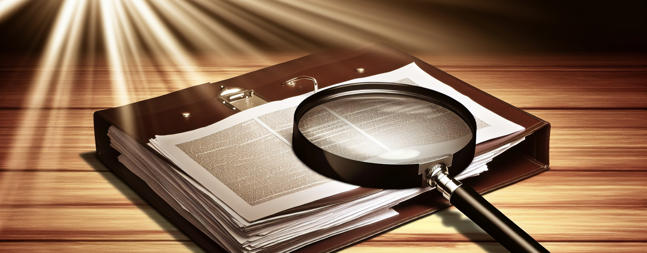 A magnifying glass on top of a contract and a folder full of papers