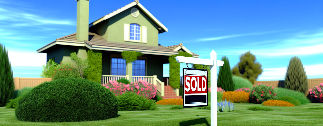 A green house on a large lawn with a SOLD sign out front
