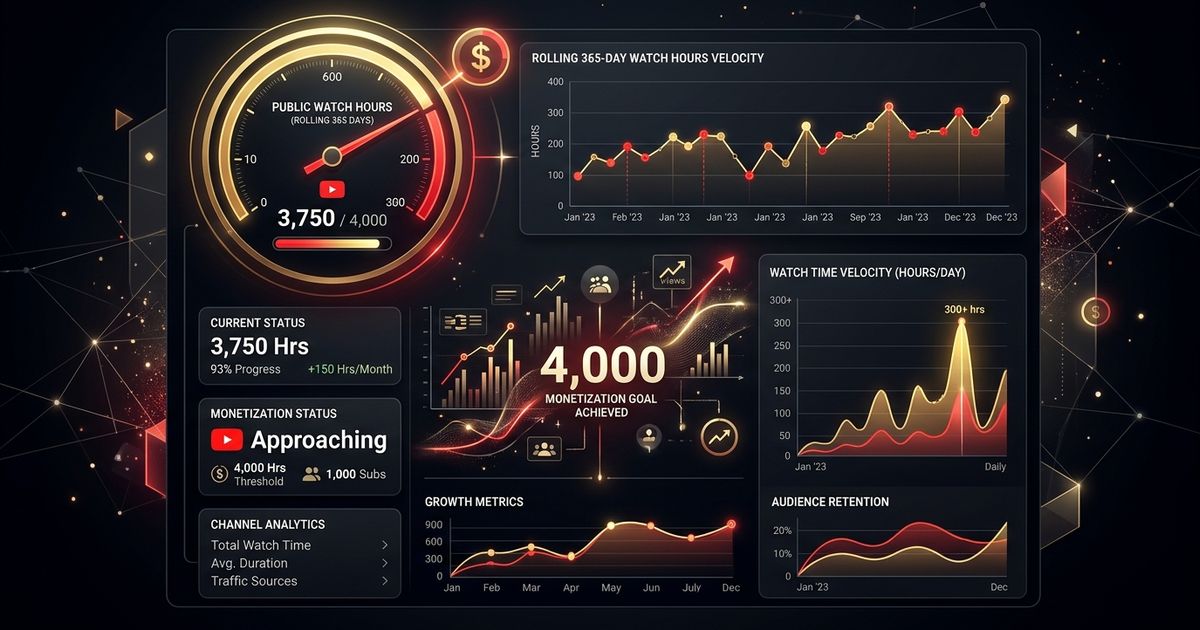 YouTube Studio watch time analytics dashboard showing 365-day rolling window and 4,000 watch hours threshold on SocialStatsIQ
